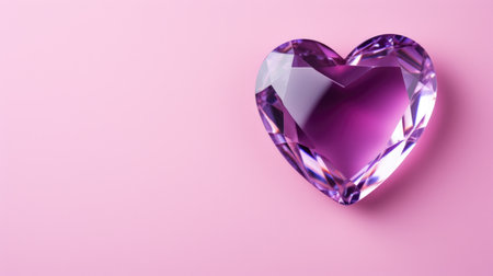 Purple heart precious shining diamond crystal. Jewelry sparkles, gemstone design. Valentine's day pink background with copy space, top viewの素材