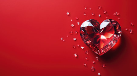 Red heart precious shining diamond crystal with shimmering fragments. Jewelry sparkles, gemstone design. Valentine's Day horizontal background with copy space, top viewの素材