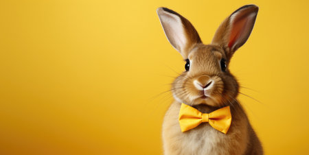 Easter bunny ginger rabbit with bow tie on yellow background with copy space. Place for text.の素材