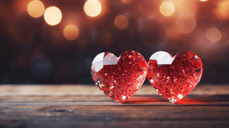 Two red glass hearts on wooden table with bokeh background.の素材