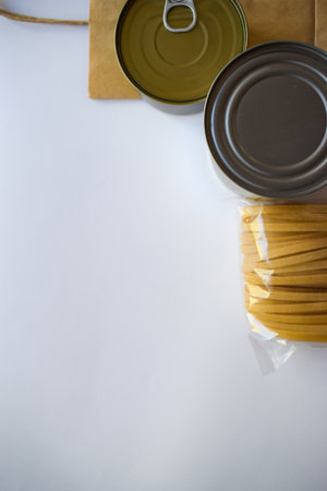 Canned food on a white background. Top view. Copy space.の写真素材