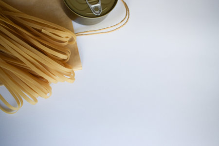 Close up of canned spaghetti on white background with copy space for textの写真素材