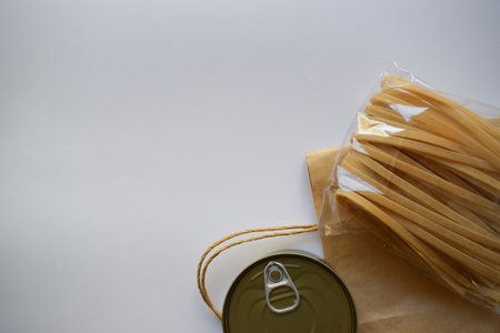 Can of canned food on a white background. Food delivery concept.の写真素材
