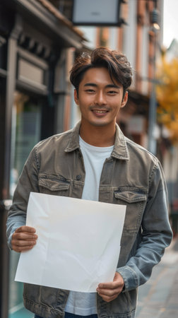 Young asian man in denim jacket holding blank sheet of paper mockup and smiling at camera while walking in autumn cityの素材