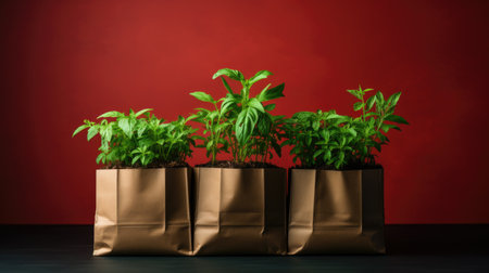 Young pepper or tomato seedlings growing in eco-friendly paper craft bags on a dark wooden table. Red background with copy space emphasizes sustainability and organic gardeningの素材