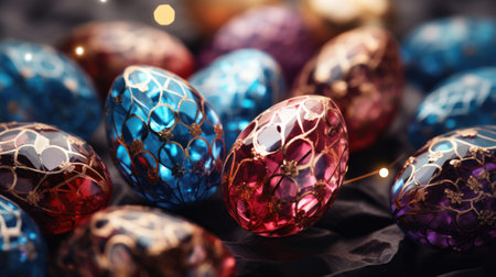 Colorful easter eggs on black background. Happy Easter concept.の素材