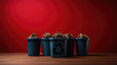 Recycling bins with paper on wooden floor and red background with copy space. Ecological concept of nature protectionの素材
