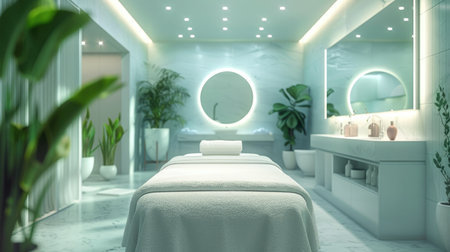 Luxury spa room with a white bed with a massage towel in the middle and a round mirror and indoor plants Empty space without peopleの素材