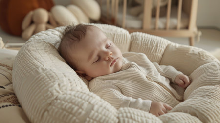 Cute little baby sleeping in soft blanket at home, closeupの素材