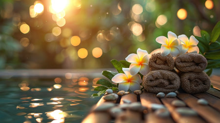 Spa concept. Towels, flowers and spa stones in swimming poolの素材
