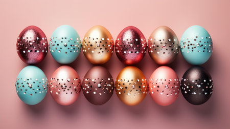Colorful Easter eggs on pastel pink background. Happy Easter concept.の素材