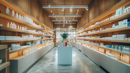 Interior of modern pharmacy drugstore with shelves and shelves with pharmaceutical products.の素材
