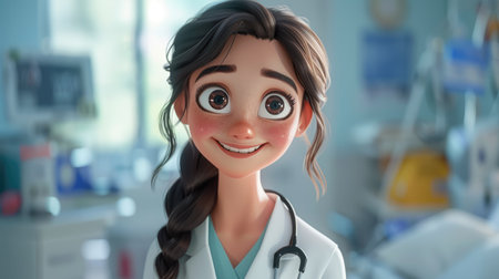 Smiling female doctor with stethoscope in hospital ward. 3d renderingの素材