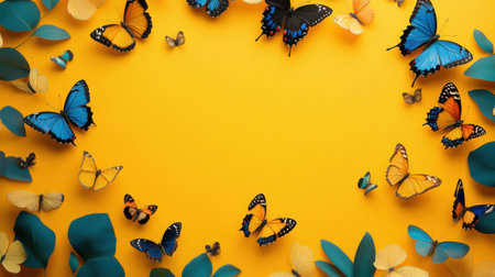 Flat lay with vibrant blue, black, and yellow butterflies arranged on a solid yellow background forming a circle with empty space in the center for text. Bright artistic nature.の素材
