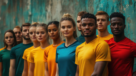 Portrait of a multiethnic group of young adults in colorful sportswear standing against a wall. Smiling student sports team in blue, red, and yellow shirts looking confidentlyの素材
