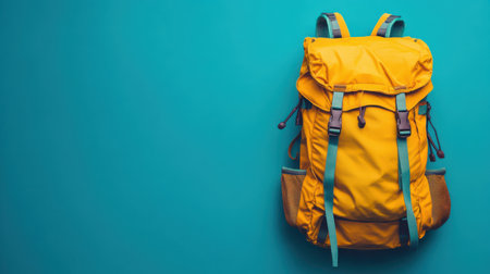 Stylish yellow backpack with pockets and buckles isolated on a vibrant blue background. Ideal for travel or back to school. Minimalist concept copy space for text or advertisement.の素材