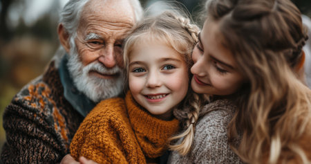 Warm portrait of a little girl, her sister, and their bearded grandfather in knitted sweaters hugging each other in a park. Family love, autumn vibes, and togetherness in outdoor.の素材
