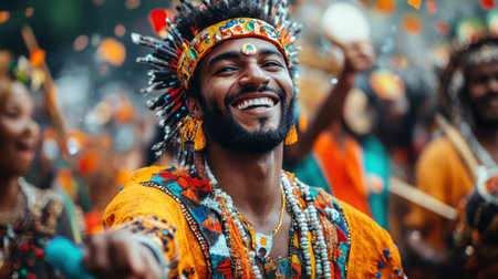 Portrait of an unknown man in traditional Indian costume at holi, surrounded by a diverse, joyful crowd. The vibrant celebration exudes unity, tradition, and festive spirit!の素材