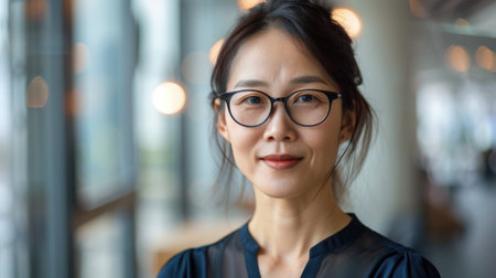 Portrait of an Asian businesswoman in glasses looking confidently at the camera against a blurred gray office background. Perfect for corporate, professional, and business-relatedの素材