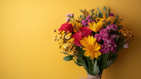 Bright colorful bouquet with yellow, red, lilac, and purple flowers and green branches on yellow background. Perfect for flower shop ads, postcards, and spring or summer floralの素材