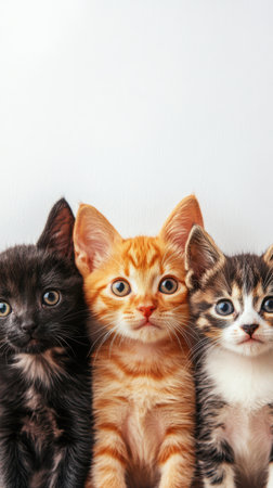 Adorable trio of kittensâred, black, and whiteâcuriously peeking out against a white background. Perfect for pet care, adoption center, or animal rescue service ads with copy spaceの素材
