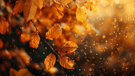 Beautiful autumnal background with bokeh lights and falling leaves autumn leaves on a tree branch with the sun behind them copy spaceの素材