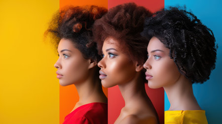 Portrait of three beautiful African American women with natural afro hairstyles in profile view, standing in a row against a vibrant red, orange, and blue collage background.の素材