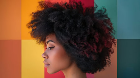 Close-up side view portrait of a beautiful African American woman with bold fashion makeup and natural afro hairstyle on a vibrant geometric background. Stylish, modern expressive.の素材