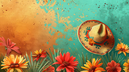Bright summer banner with red and yellow flowers at the bottom and a traditional sombrero on a yellow and turquoise grunge textured tropical background. Festive, warm and colorfulの素材