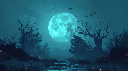 Halloween blue background with big full moon over the forest with river trees and bats wallpaper with copy spaceの素材