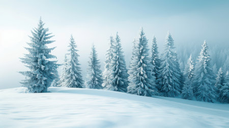 Winter landscape with snow covered fir trees and blue sky Christmas New Year greeting card mockup with copy spaceの素材