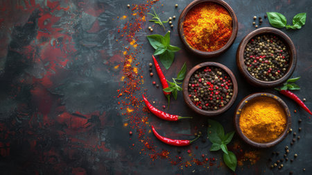 Spices and herbs in wooden bowls on dark background. Top viewの素材