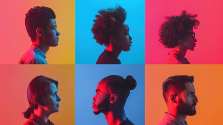 Collage of young multiethnic people with afro hairstyle on colorful backgroundの素材