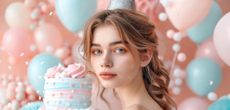 Portrait of a beautiful young girl with a birthday cake on a pink background.の素材