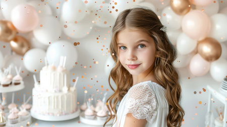 Beautiful little girl with birthday cake and balloons on background, closeupの素材