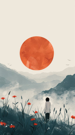 Man standing in the meadow and looking at the red sun.の素材