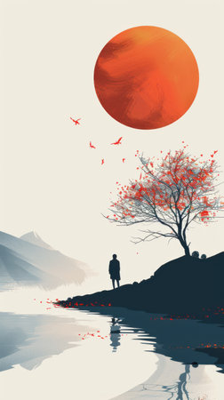 Beautiful landscape with a tree, a lake and a red sunの素材