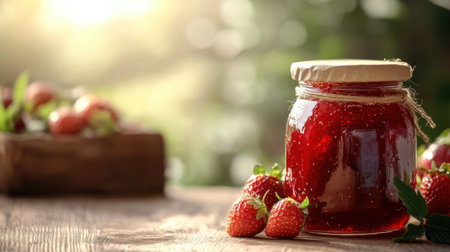 Jar with tasty strawberry jam on wooden table outdoors. Space for textの素材