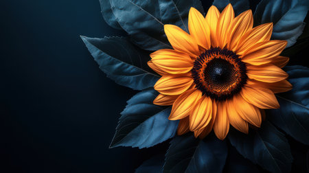 Beautiful sunflower on dark background, top view. Space for textの素材