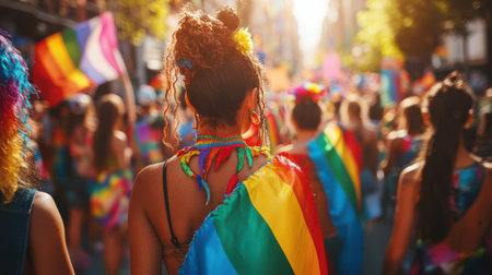 Rear view of a young woman with dreadlocks and rainbow flag on her back in a pride paradeの素材