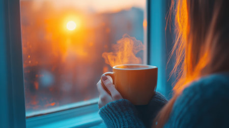 A woman in a warm knitted sweater holds an orange cup of hot coffee or tea near the window, enjoying frosty morning sunrise or golden sunset. Cozy indoor moment soft natural light.の素材