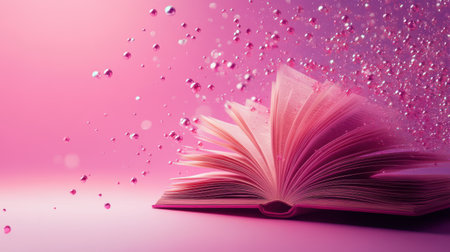 Open book close-up with delicate pink water drops on a matching pink background. Minimal and creative back to school concept with copy space for text, reading, education,の素材