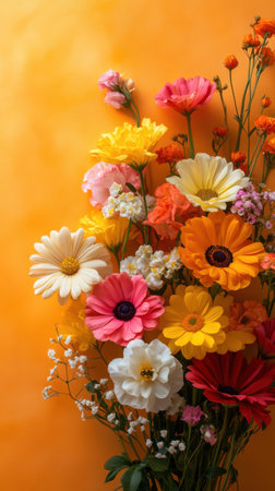Colorful bouquet of flowers on orange background. Top view.の素材