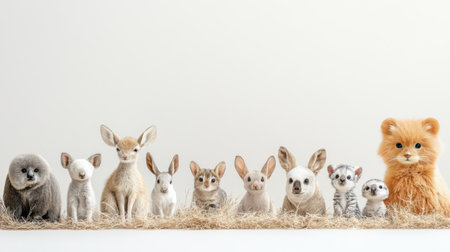 Adorable fantasy forest animal toys including rabbit, bunny, fox, and lion standing in a row on straw against a white background. Perfect for children's book cover, mockup, store.の素材