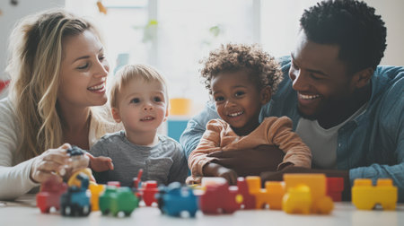 Beautiful young family is playing with toys and smiling while spending time together at homeの素材