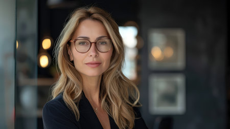 Portrait of beautiful young businesswoman with eyeglasses in cafeの素材