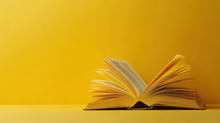 Open book on yellow background. Education concept. Back to school. Copy space.の素材