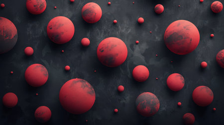 3d render of red planet with red balls on black background.の素材