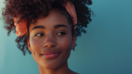 beautiful african american woman looking at camera isolated on blueの素材