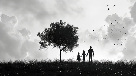 Family is walking in the grass. Mixed media. Mixed media. Mixed mediaの素材